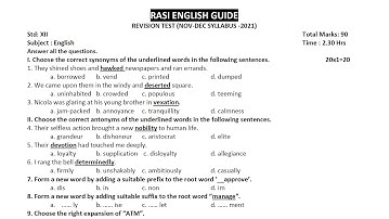 12th English Revision Test Question with Answer Key Nov Dec Syllabus 2021 By  Rasi English Guide