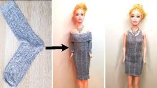how to make a dress👗 with socks 🧦 for barbie doll 😍صنع ملابس لباربي من الجوارب
