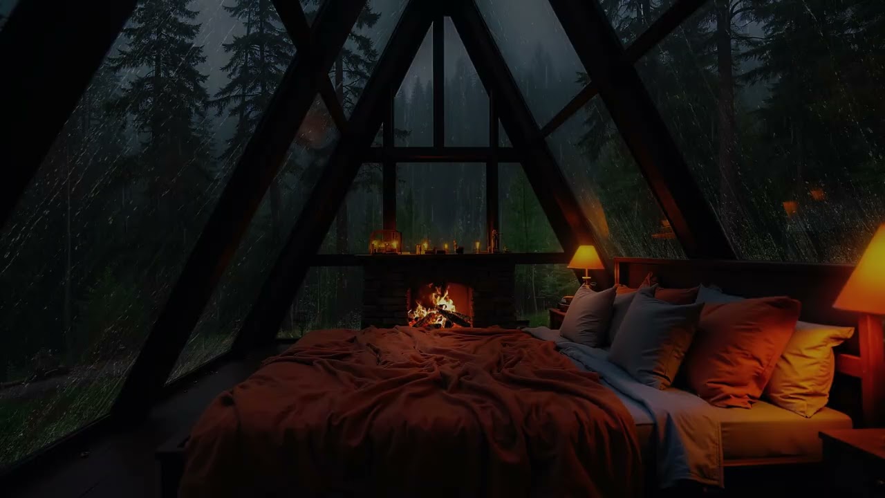 Warm Cabin Ambience with Gentle Rainfall & Soft Piano for a Calm and Cozy Rainy Night