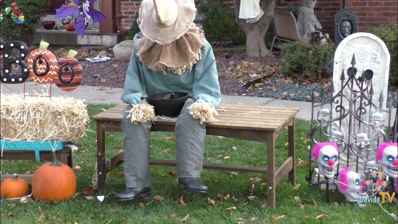 DavidsTV Halloween Animatronic Setup Sitting Scarecrow Rainbow Fire