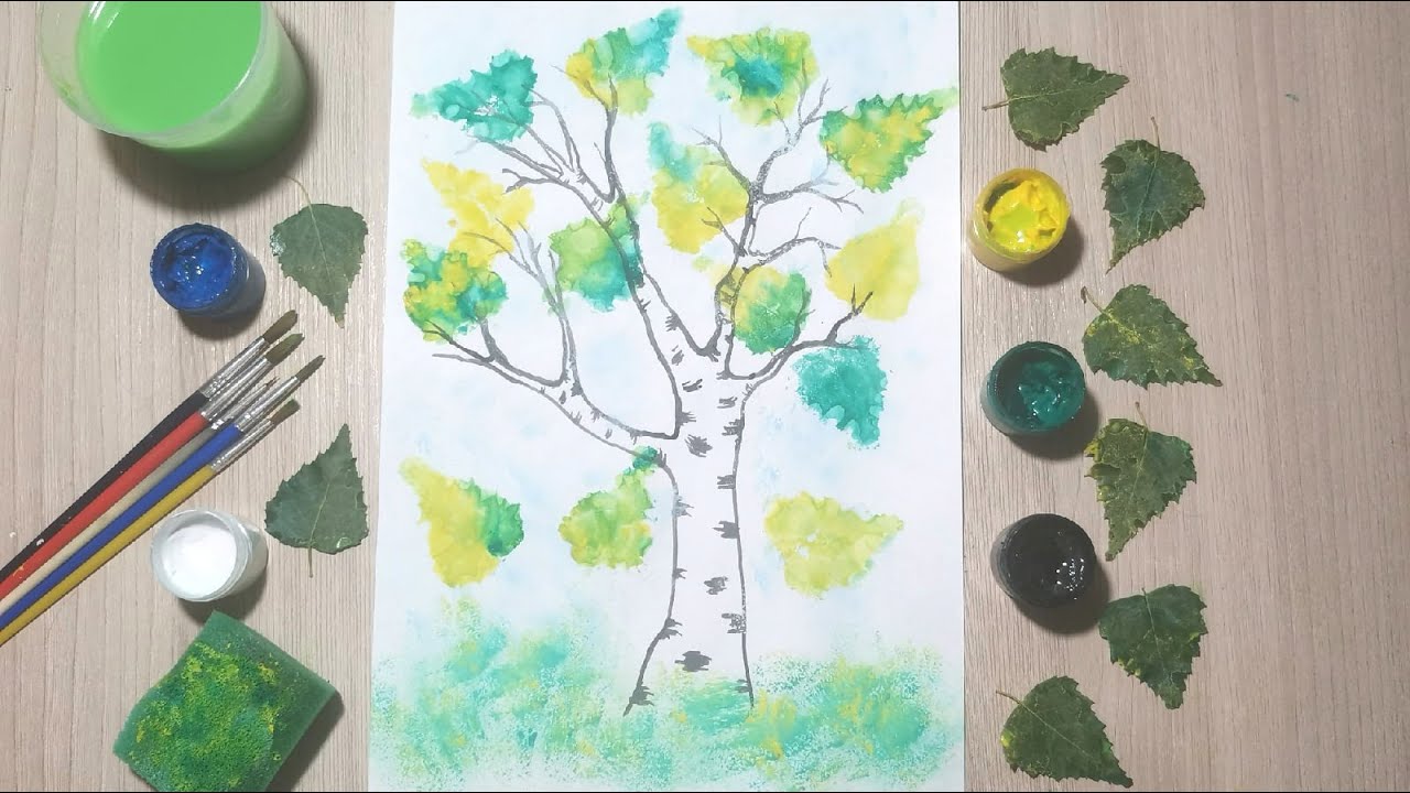 Осенняя березка. Рисуем отпечатками листьев с детьми