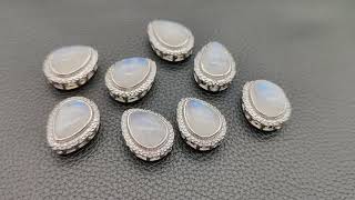 Natural Moonstone Brass Plated Silver Pendant Bead, Gemstone Jewelry Gift 20x16x12mm, 4.3g