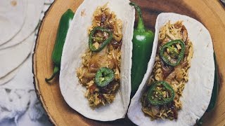 Juicy Pulled Chicken Tacos with Caramelized Onions & Charred Jalapeños