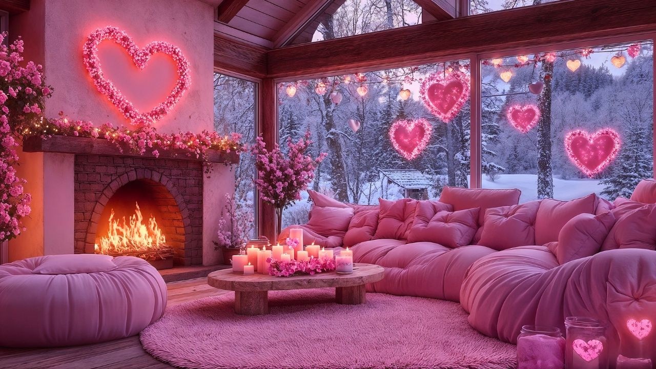 Dreamy Valentine’s Blush Snow Porch💕🔥Romantic Dream Jazz & Glowing Fireplace Ambience for Deep Relax