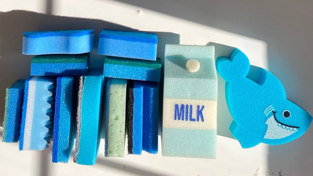ASMR bulk variety dry sponge ripping - blue kitchen and bath sponges