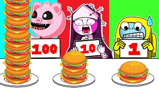 Sarvente FNF, Piggy, Among Us Mukbang Animation | 100 Food Layers Challenge | ESP Toons