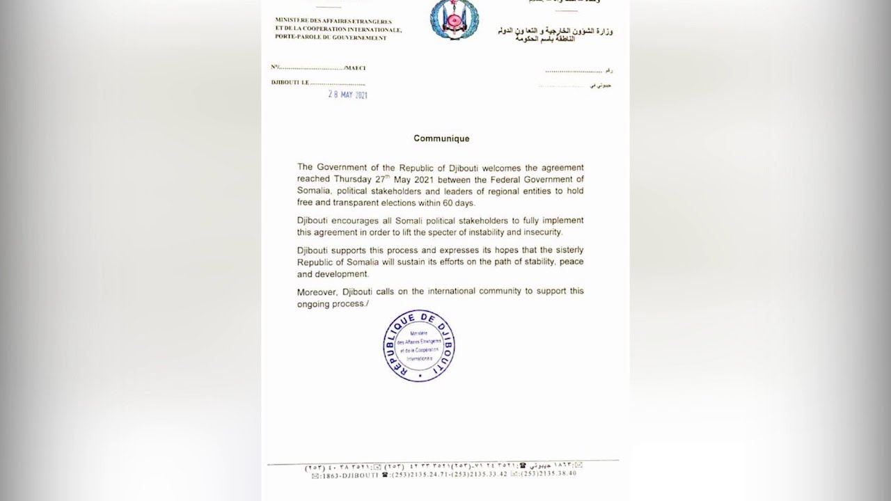 Dowladda Jabuuti oo soo dhaweysay hishiiskii doorashooyinka Soomaaliya.