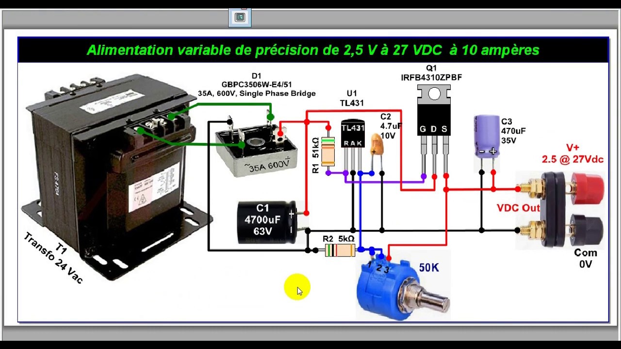 Alimentation régulée de précision à tension positive variable de 2.5V à 27  Volts à 10 ampères 