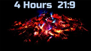 Subtle blue flames and glowing red embers in 4K/8K 21:9. Four hours of HDR fire video background.
