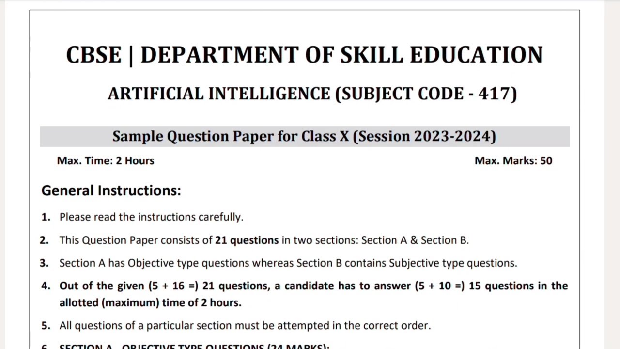 Artificial Intelligence (AI) Sample Paper class 10 2023 -24 - YouTube