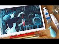 Paint With Me Studio Ghibli Scene In Blue Shades With Gouache 