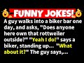 🤣FUNNY JOKES! - A guy walks into a biker bar and asks, "Does anyone here own that rottweiler...