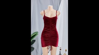 Summer Y New D Velvet Sleeveless Sling V-Neck Drawstring Mini Dress B23431