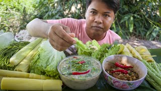 Eat traditional Khmer food in Sre Prahok district with many kinds of vegetables