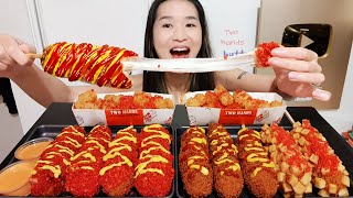 SUPER CHEESY KOREAN CORN DOGS! Two Hands Corndog, Spicy Cheetos Corn Dogs, Tater Tots - Mukbang Asmr Information
