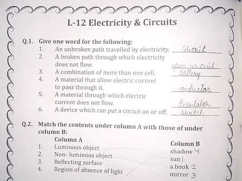 electricity and circuits class 6 ch 12 science questions answers within worksheet youtube