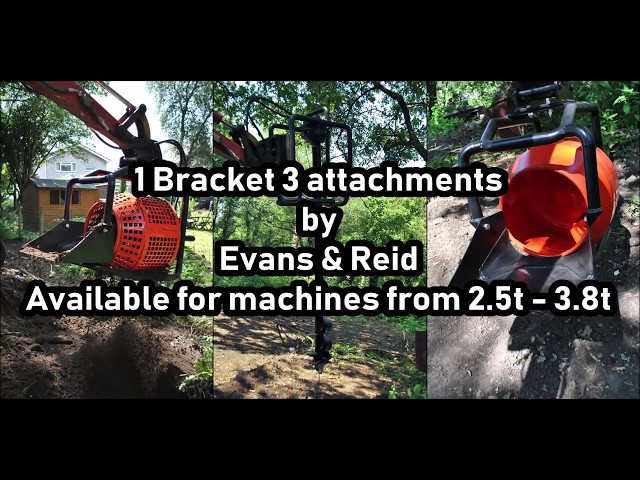 1 Frame 3 attachments - Excavator Screening Bucket, Concrete Bucket & Auger by Evans & Reid