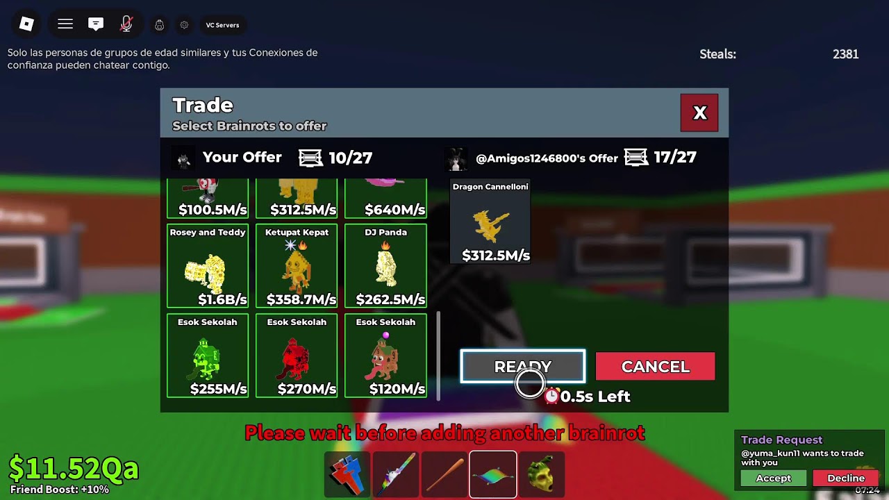 Tradeando en Steal a brainrot (Roblox)