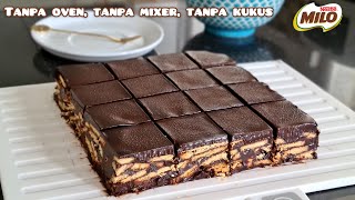 Tanpa oven, tanpa mixer, tanpa kukus, tanpa telur. Cake Batik Milo dengan topping coklat lumer