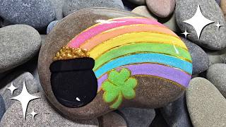 Mixed Media Rock Painting | Pastel Rainbow with Glittering Pot of Gold