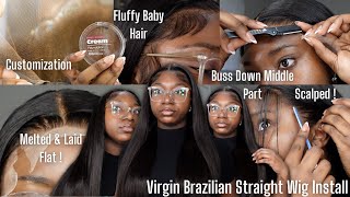 Virgin Brazilian Straight Buss Down Middle Part Wig Install | True Glory Hair