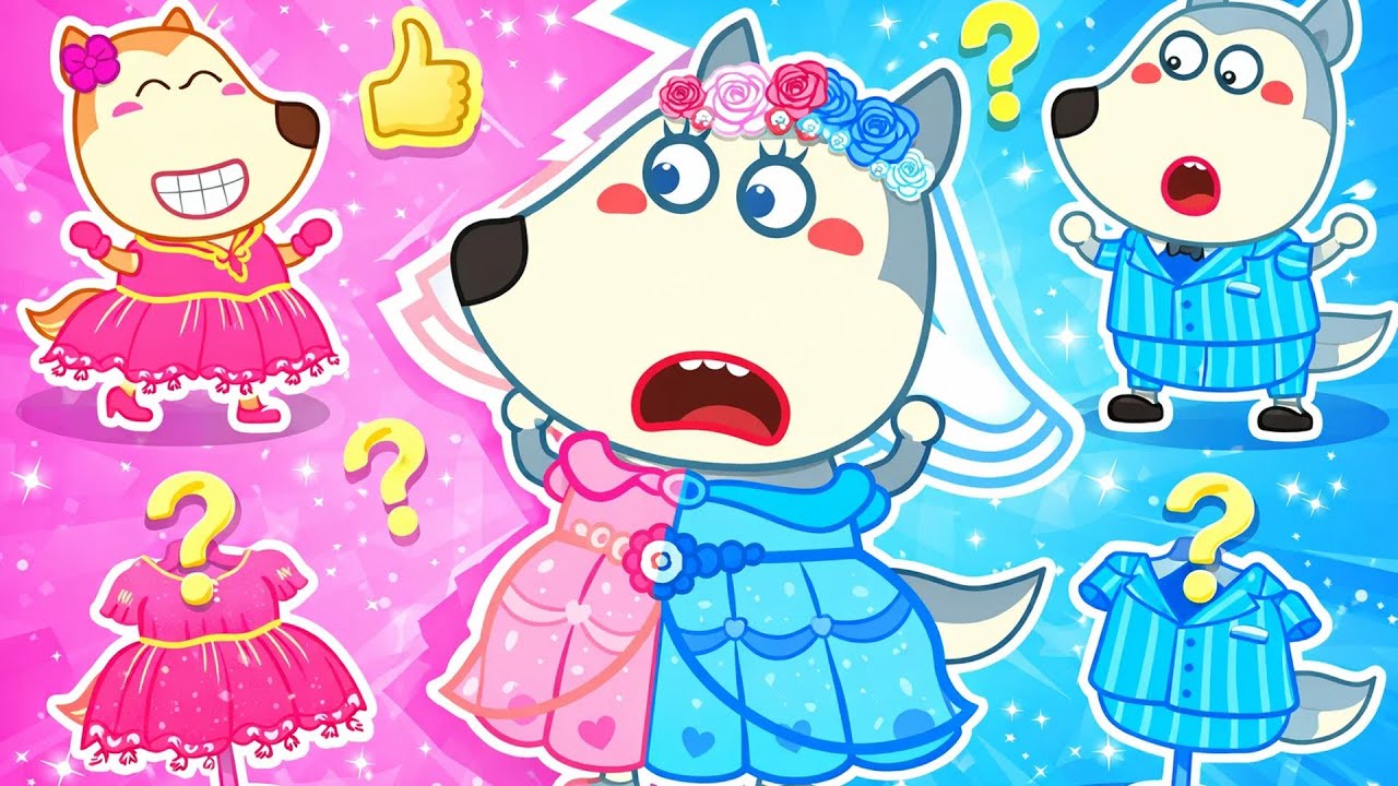 Vestido rosa e blusa azul💖Qual o vestido que a noiva prefere? | Wolfoo em Português