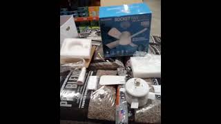 NEW LIGHT SOCKET CEILING FAN.NO TOOLS REQUIRED UNBOXING AT HOME DEPOT W/WALL-MOUNT REMOTE PART 2
