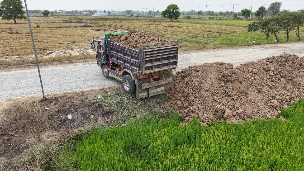 New Landfill Starting Task! Good Job Of KOMATSU Bulldozer Push Soils Into Low Land With Trucks