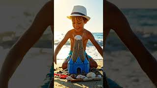 Little Boy Making a Sand Castle At Beach
