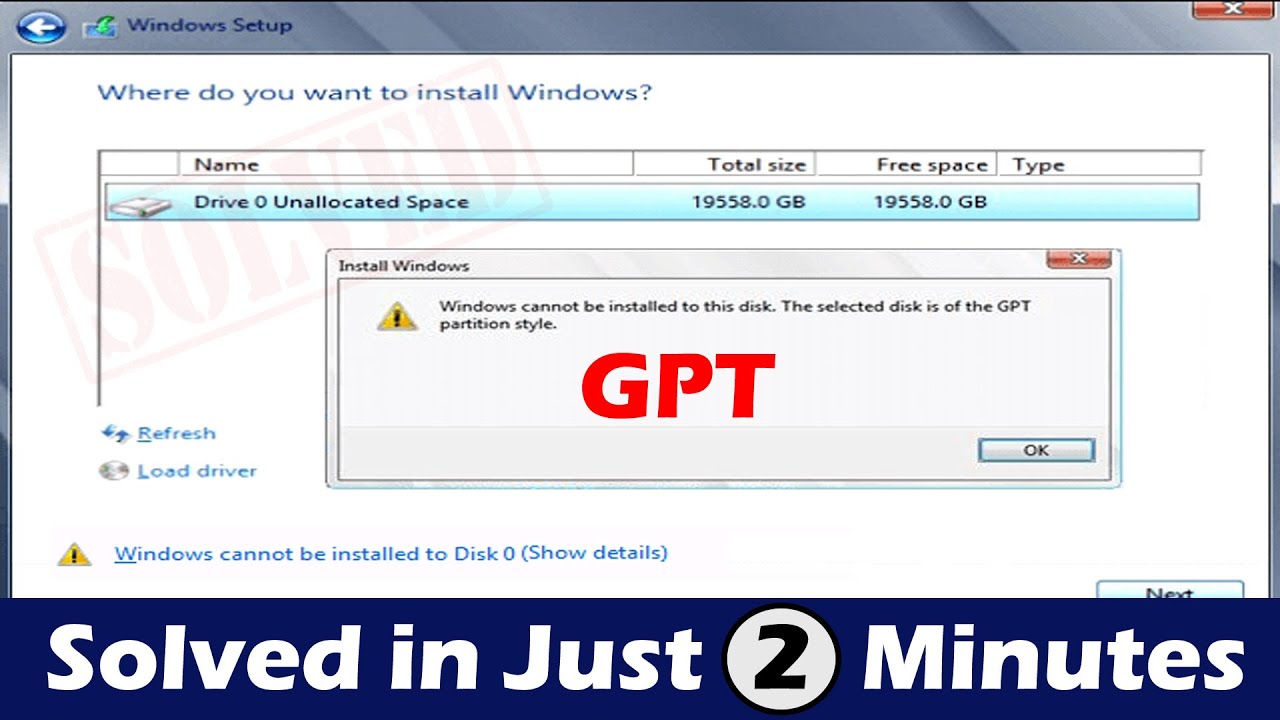 Windows cannot be installed to this disk the selected disk is of the GPT  partition style fix 2 min - YouTube