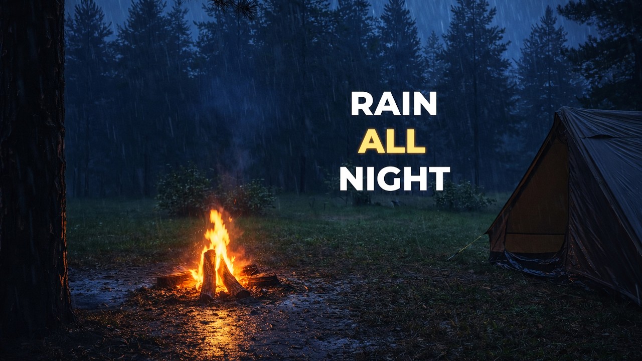 Heavy Rain on Tent in Dark Pine Forest with Campfire Sounds for Deep Sleep (3 Hours)