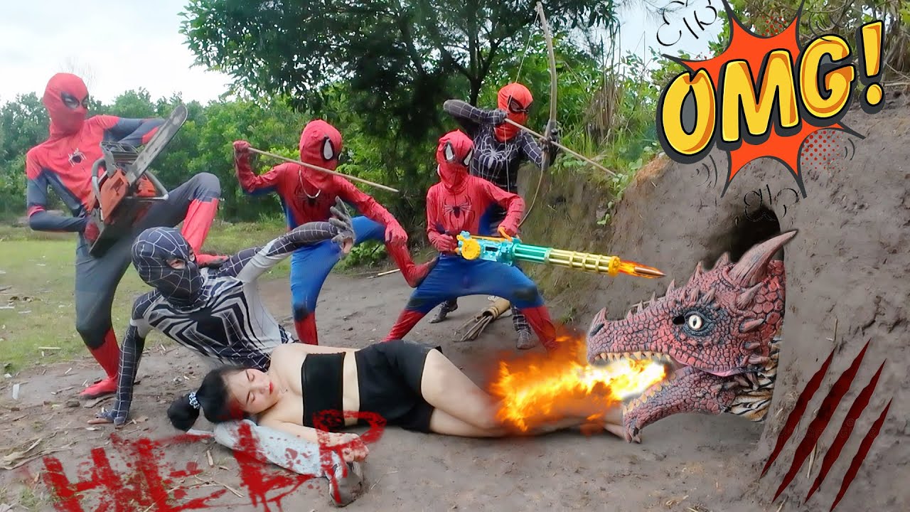 Отряд Человека-паука с помощью тяжелого оружия противостоит темному дракону, чтобы спасти девушку.