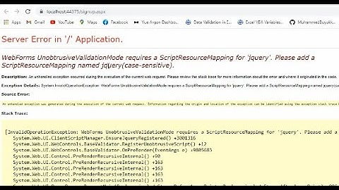 WebForms UnobtrusiveValidationMode requires a ScriptResourceMapping for 