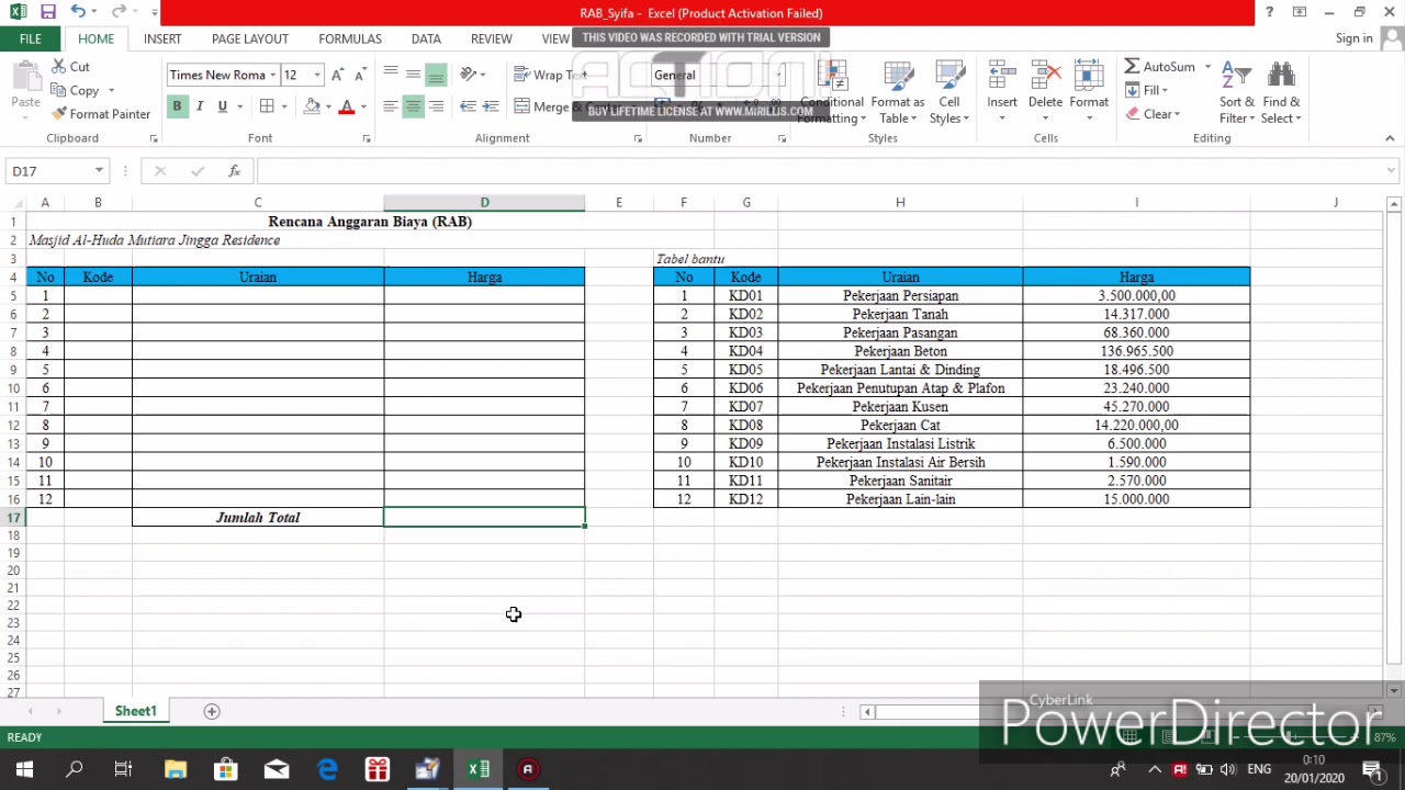 Membuat Rancangan Anggaran Biaya  RAB menggunakan VLOOKUP 