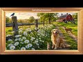 Kitten and Dog in Daisies | 4K Gold Frame Spring Art | TV Screensaver | No Sound