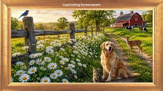 Kitten and Dog in Daisies | 4K Gold Frame Spring Art | TV Screensaver | No Sound