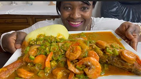 ASMR SHRIMP + FISH OKRA SOUP WITH FUFU MUKBANG BANG (eating Show no talking #asmr #mukbang #africanf
