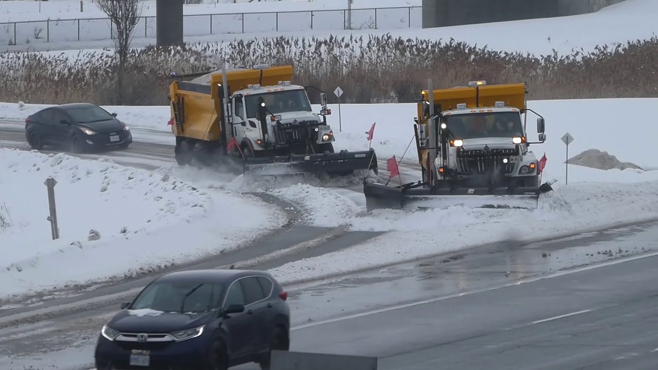 SNOW REMOVAL 2 Highway Plows working in Sync! YouTube