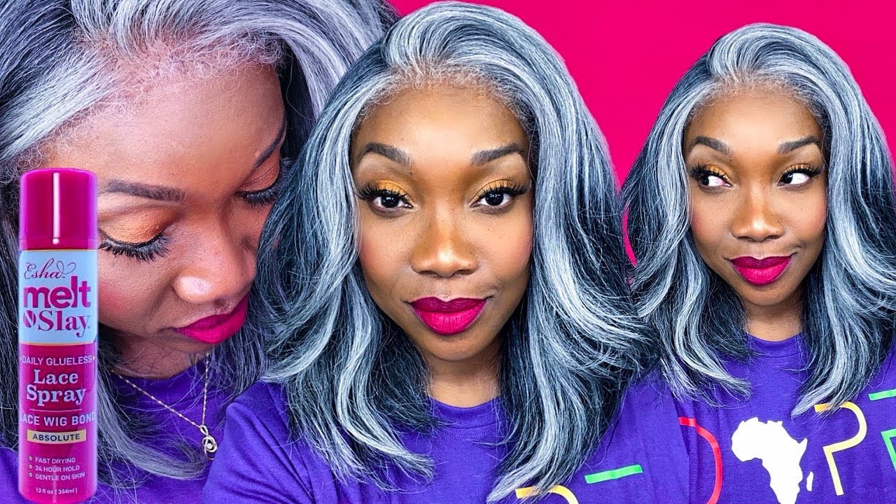 😍 OKAY Gray Synthetic Lace Front Wig! Sensationnel Kinky Edges Layered Blowout 14 & Esha Melt Spray