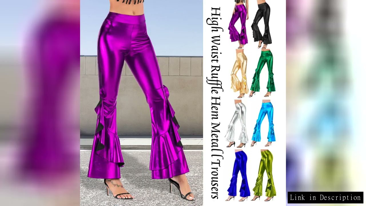 Women Shiny Flare Trousers Metallic Bell Bottoms Ruffle Wide Leg Pants Retro 70s Retro Disco Costume