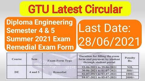 GTU Latest Circular || DE Sem 4 & 5 || Remedial Exam Form || Summer 2021 Examination ||