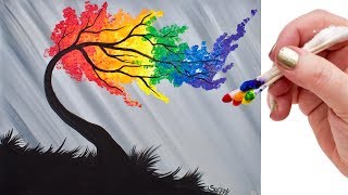 Simple RAINBOW WILLOW Tree with Cotton swabs in Acrylic Paint on Canvas Step by step tutorial. Anyone can do this really easily. 