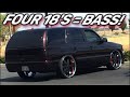 classic parking lot BASS demo  🔊🔊 Chevy Tahoe 4 18&#39;s 30,000 watts &quot;worth the stop&quot; (flashback)