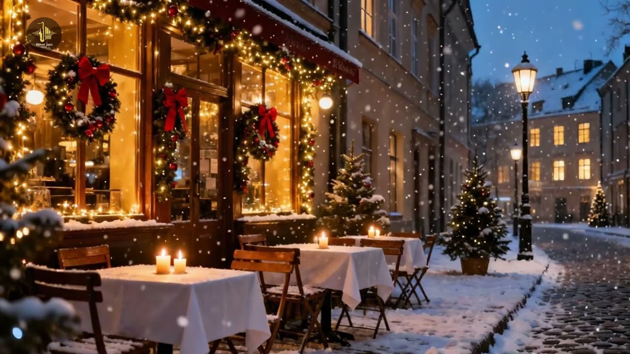 Cozy Christmas Jazz Café 🎄 Snowy Night Street Ambience for Relax, Study & Focus