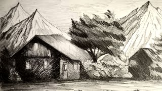 Desen in creion cu o in padure in munti | Pencil drawing of a log cabin in mountains - YouTube