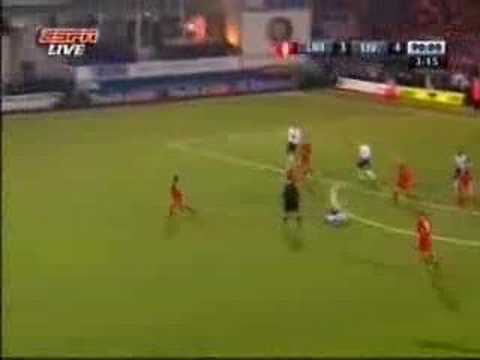 Xabi Alonso scores from 70 yards in the final seconds of the FA Cup tie against Luton, which Liverpool won 5-3.
