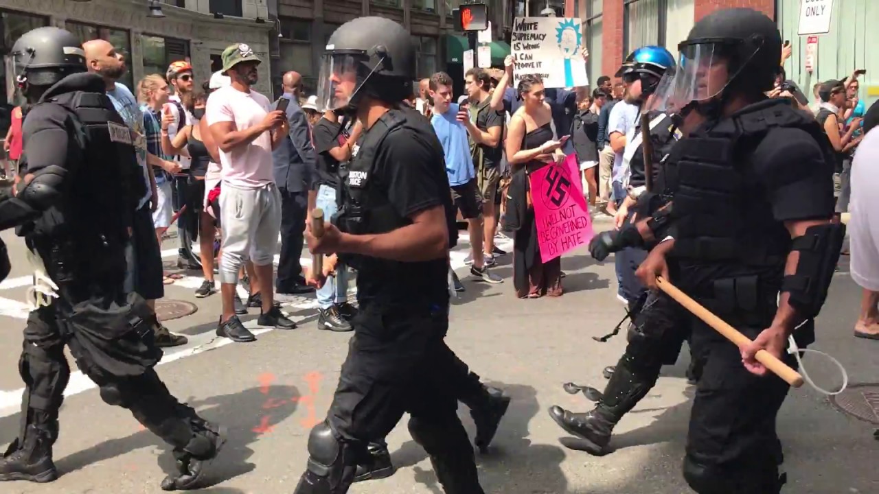 Boston Free Speech Rally - Riot Police Marching Down the Streets - YouTube