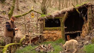 Building a Primitive Bushcraft Shelter: Camping, Outdoor FIREPLACE,Wolf and My Dog  ASMR