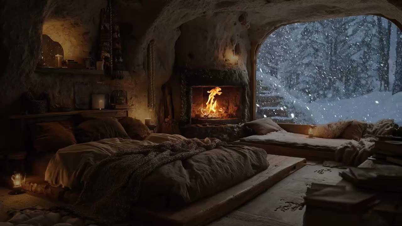 Blizzard Outside the Mountain Cave | Warm Firelight Echoes Through the Silent Winter Shelter