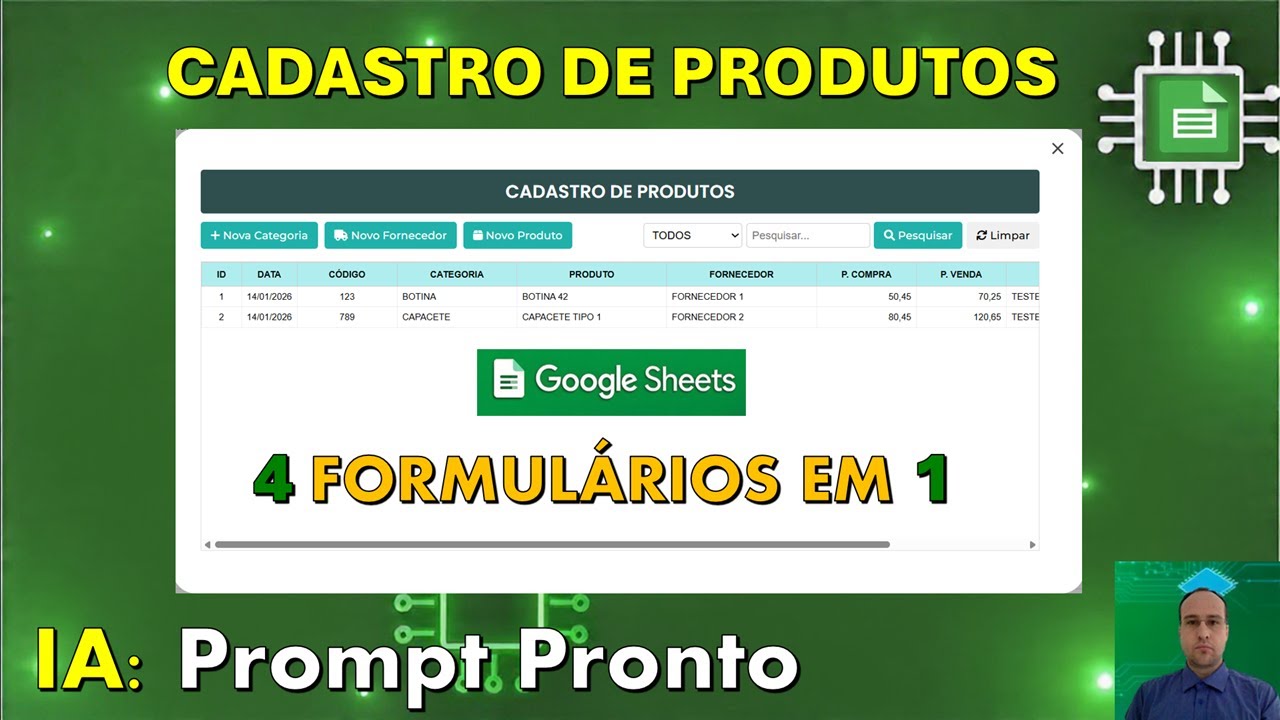 IA | Criar Cadastro de Produtos Moderno no Google Planilhas - 4 Formulários com Um Prompt